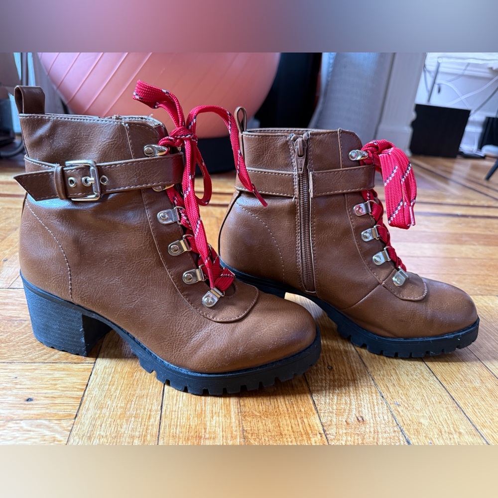 Material Girl Lace Up Boots Brown Red
